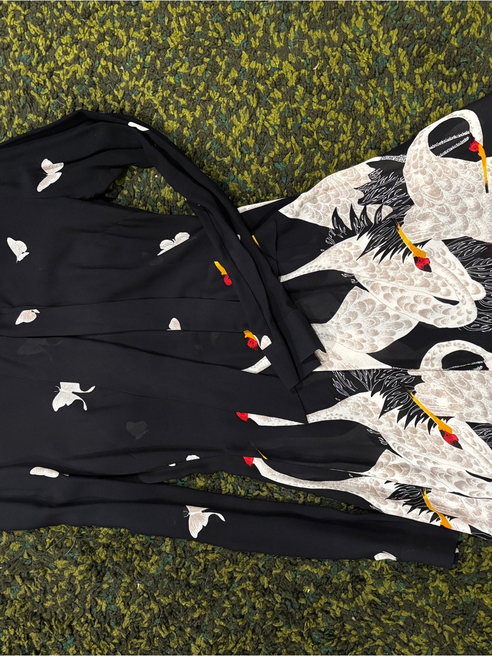 Reformation Black Dress with White Crane Print and Red-Yellow Accents